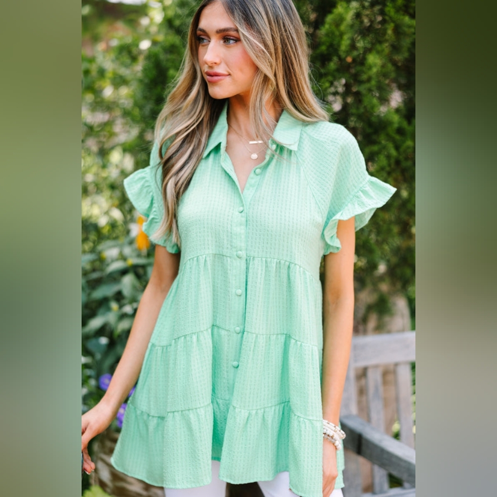 NWT Mint Green Top Blouse Ruffle Tunic Flowy Button Up Sage Small Boutique Umgee